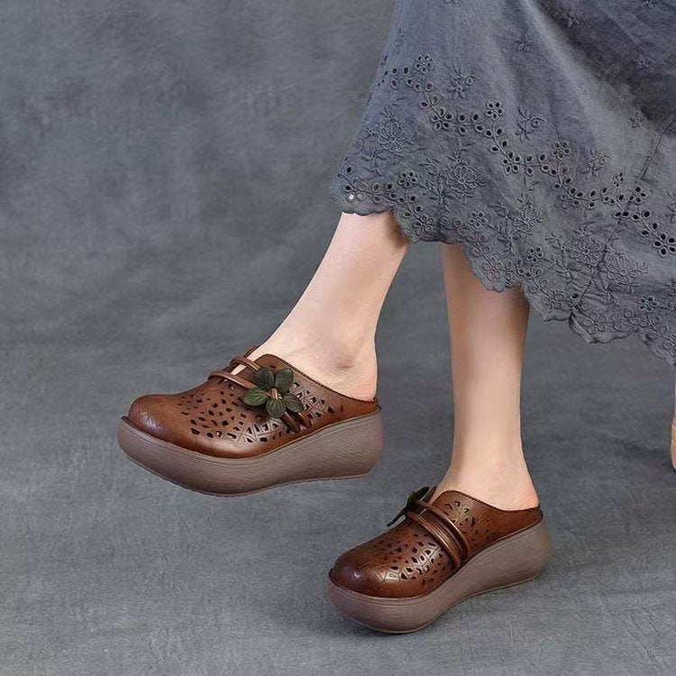 Women's Hollow Leather Wide Toe Box Wedge Sandals