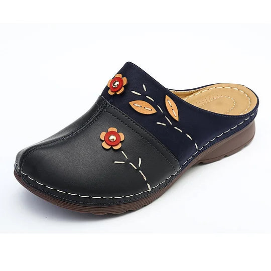 Women’s Floral Leather-Look Wedge Mule Sandals