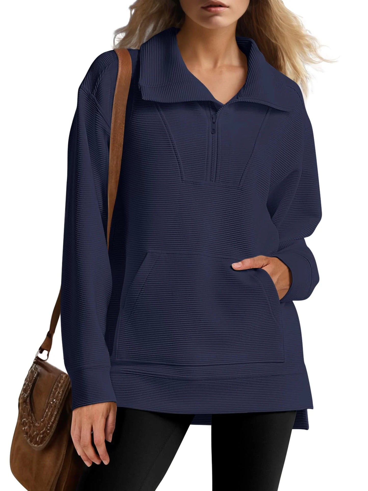 Oversized Strickpullover mit kurzem Reißverschluss für Damen