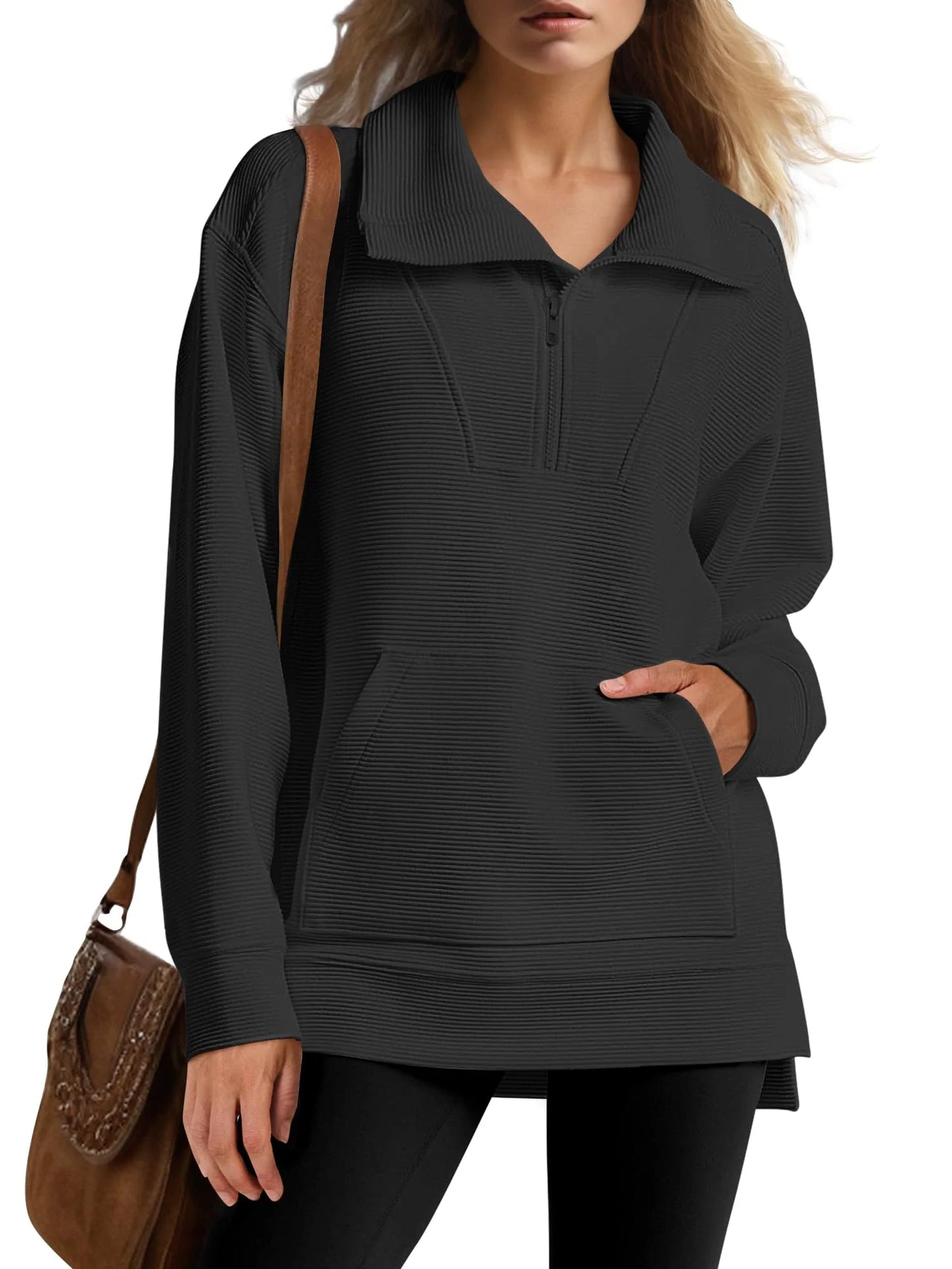 Oversized Strickpullover mit kurzem Reißverschluss für Damen