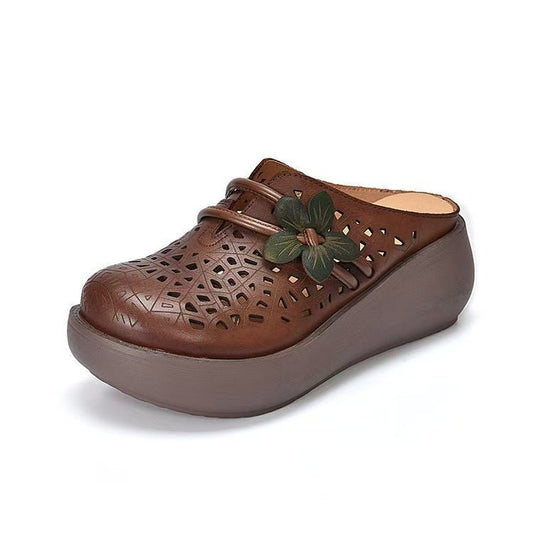 Women's Hollow Leather Wide Toe Box Wedge Sandals