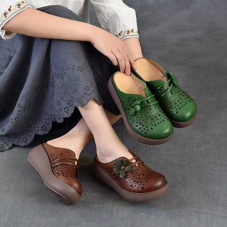 Women's Hollow Leather Wide Toe Box Wedge Sandals