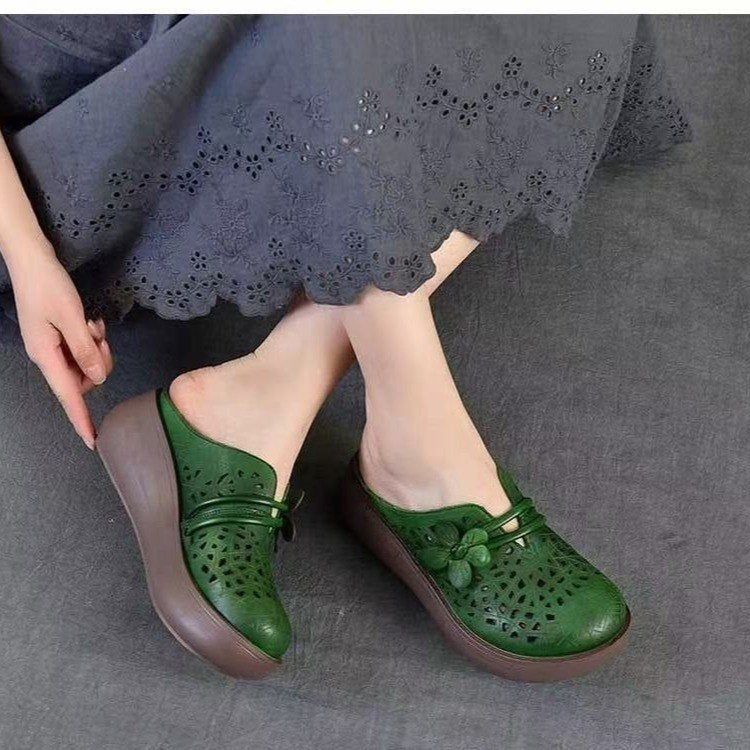 Women's Hollow Leather Wide Toe Box Wedge Sandals