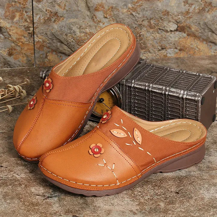 Women’s Floral Leather-Look Wedge Mule Sandals