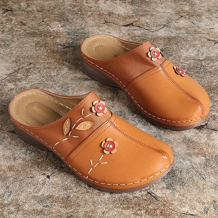 Women’s Floral Leather-Look Wedge Mule Sandals