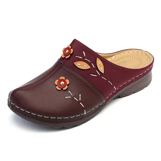 Women’s Floral Leather-Look Wedge Mule Sandals